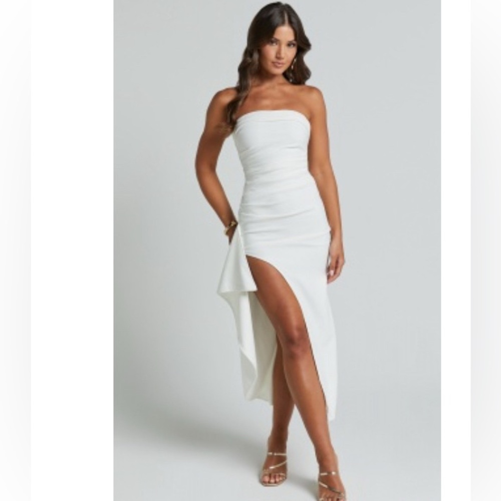 Showpo White Strapless Dress with Asymmetrical Hem